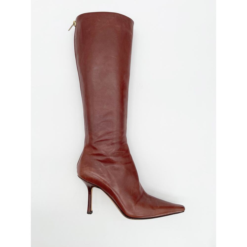 Jimmy Choo Vintage Y2K Mahogany Peony Square Toe Leather Knee High Boots IT 38 - Picture 2 of 14